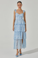 Ruffled Straps Tiered Flounced Slit Maxi Dresses-Blue